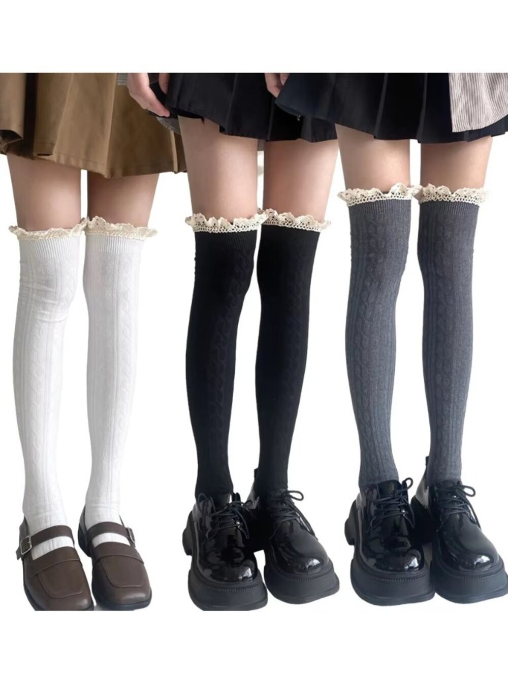 3-Pack Women's Lace Trim Ruffle Cable Knit Cute Thigh High Boot Socks Mixed Set